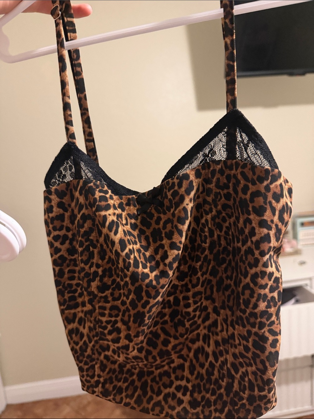 Edikted Leopard Print Satin Cami with Black Lace Trim